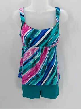 Kim Gravel x Swimsuits for All Tankini Womens 6 Teal Pink 2 Pc Modest Shorts Bra